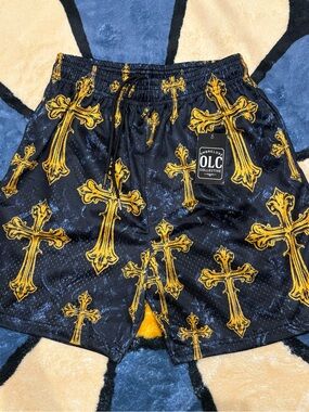 Black Gold Cross Mesh Shorts Metal Tip Drawstrings Pockets NWT